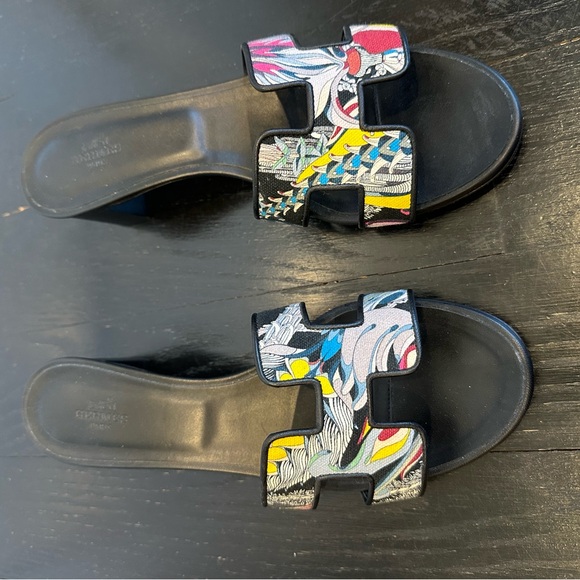 Hermès Oasis Heel Slip On Limited Edition Open Toe Multicolor Sandals Slide - Picture 2 of 7